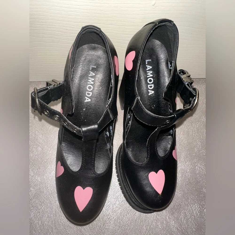 LAMODA Black Platform Mary Janes chunky Heels Pink Hearts 8 punk goth academia
